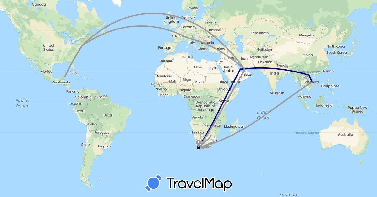 TravelMap itinerary: driving, plane in United Arab Emirates, Italy, Mexico, Qatar, United States, Vietnam, South Africa (Africa, Asia, Europe, North America)